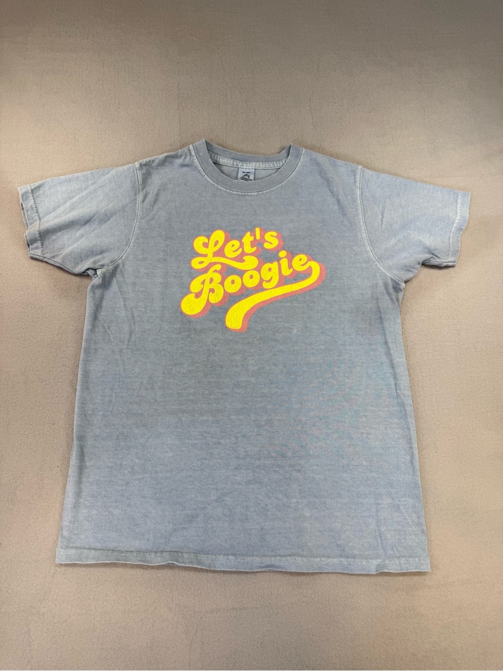 Alternative Apparel Light Blue Tee with Yellow 'Let's Boogie' Graphic